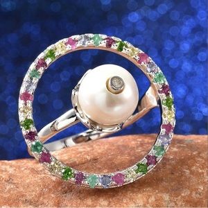 NWT UNIQUE Edison Pearl & Multi Gemstone Ring in Rhodium over .925 Sterling